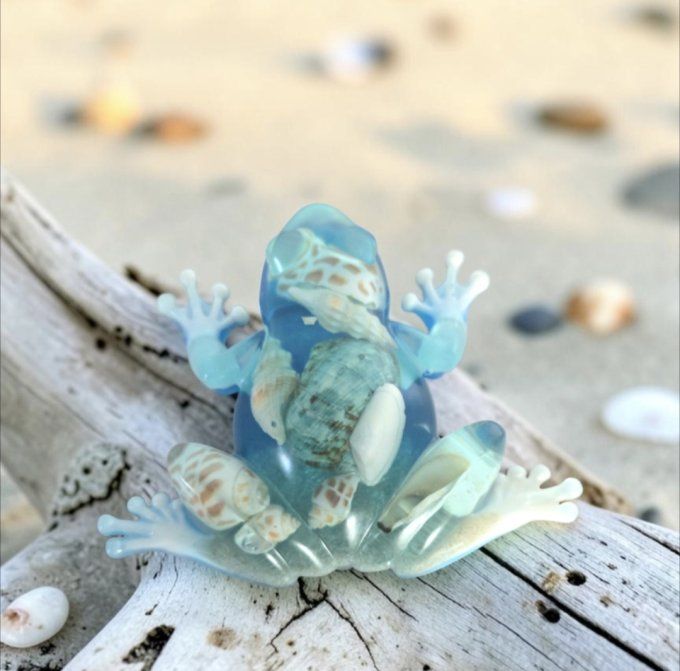 Grenouille porte bonheur coquillage et sable
